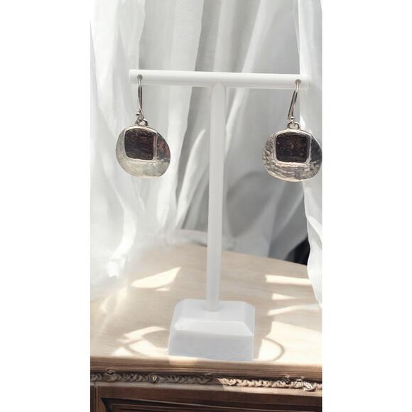 Silpada Signed Sterling Sliver Hammered Bronzite Dangle Wire Earrings - Picture 3 of 5